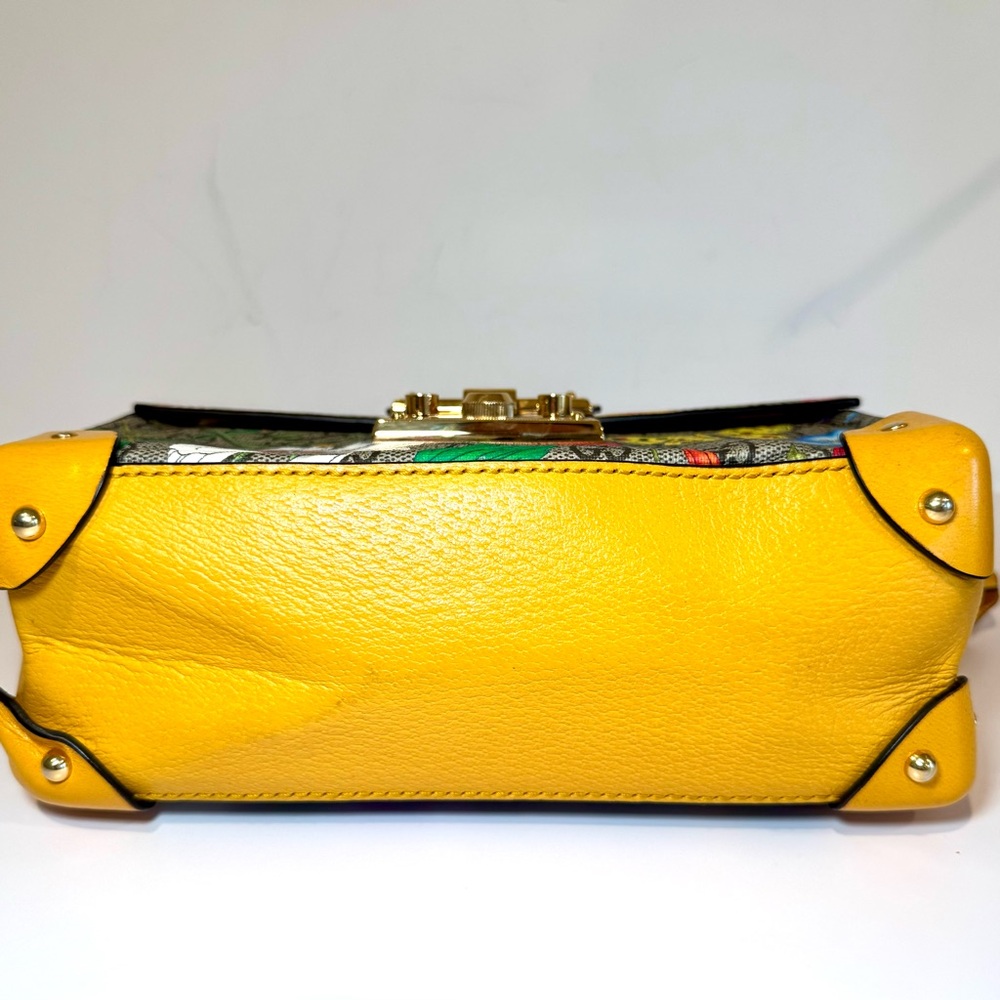 Gucci GG Supreme Monogram Logo Flora Yellow Small Padlock Bamboo Bag W Crossbody - Picture 12 of 16